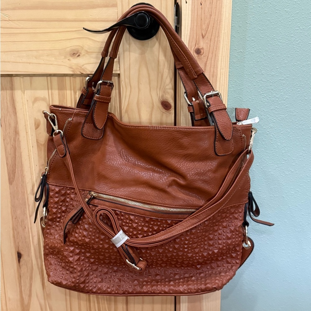 Diophy Los Angeles Cognac‎ Brown Studded Hobo Bag Crossbody Tote NWT